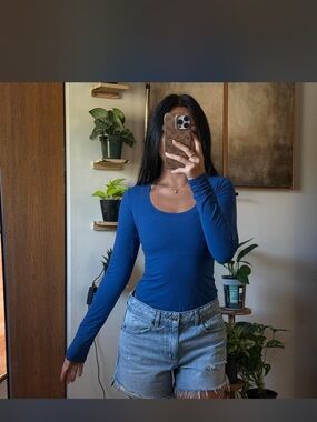 SKIMS Fits Everybody Long-Sleeve Scoop Neck One-Piece in Sapphire